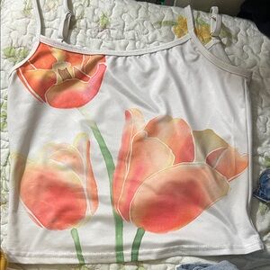 White Floral Tulip Cami Tank with Orange-Peach Blossoms